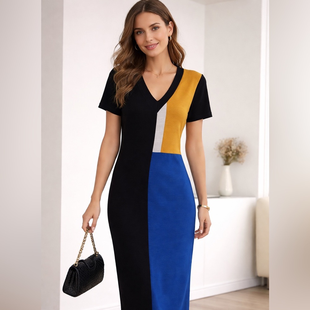 Zara Black, Mustard, and Blue Midi Dress